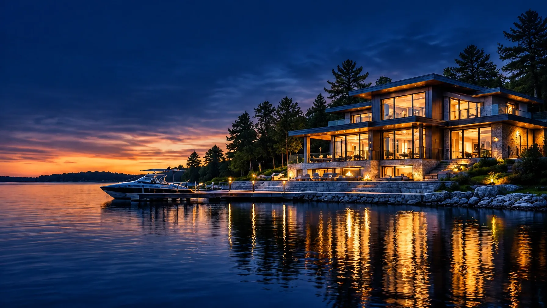 Luxury lakefront home glowing beside a Minnesota lake at dusk